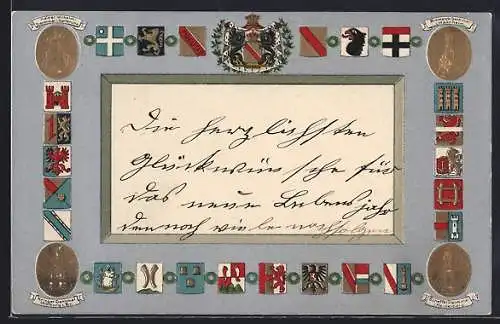 Präge-AK Wappen mit Kaiser Wilhelm-Denkmal, Scheffel-Denkmal und Bismarck-Denkmal
