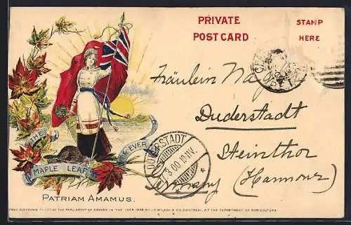 Künstler-AK Kanadierin mit Flagge und Ahornblättern vor Sonnenaufgang, Patriam Amamus