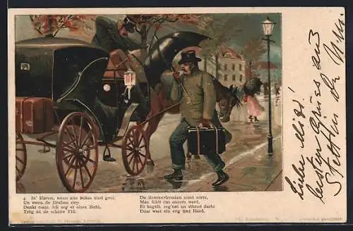 Lithographie Mann steigt bei Regen in eine Kutsche ein