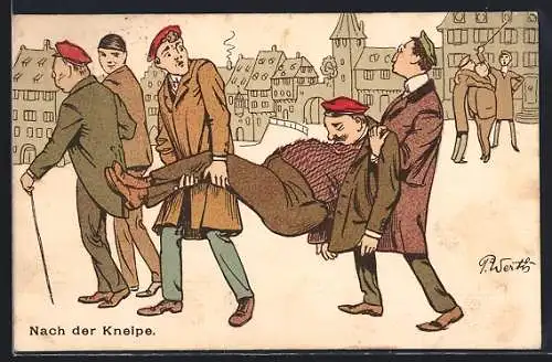 Künstler-AK Studenten tragen betrunkenen Kameraden aus der Kneipe