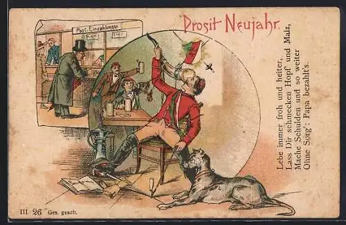 Künstler-AK Student trinkt aus einem Horn, Neujahrsgruss