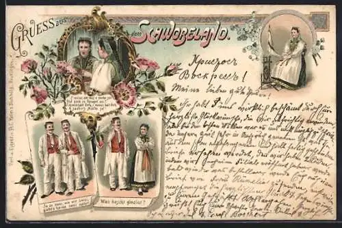 Lithographie Männer und Frauen in schwäbischen Trachten