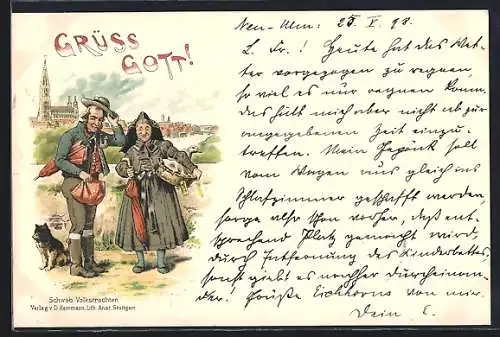 Lithographie Älteres Paar in schwäbischen Volkstrachten