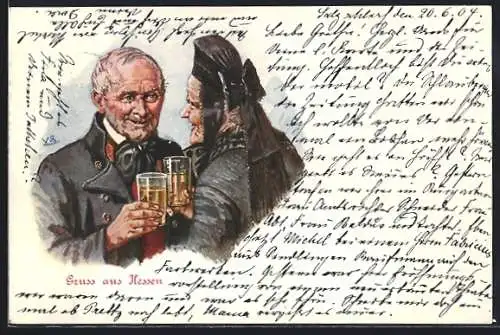 AK Alter Mann & alte Frau in hessischer Tracht prosten sich zu