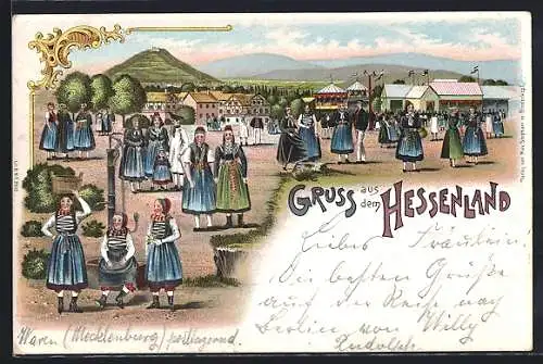 Lithographie Männer und Frauen in hessischen Trachten auf einem Festplatz