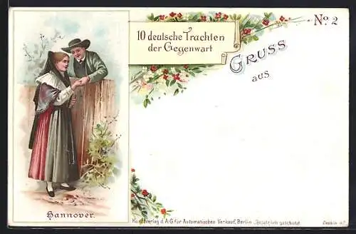 Lithographie Hannover, Paar in Trachten an einem Zaun