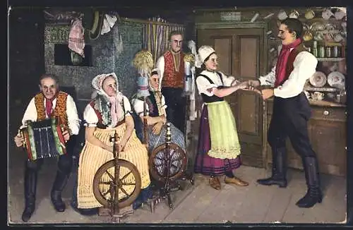 AK Schlesische Spinnerinnen in Tracht, Würgewalzer