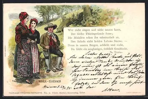 Künstler-AK Ruhla-Eisenach, Frauen und ein Mann in Trachten am Wegrand