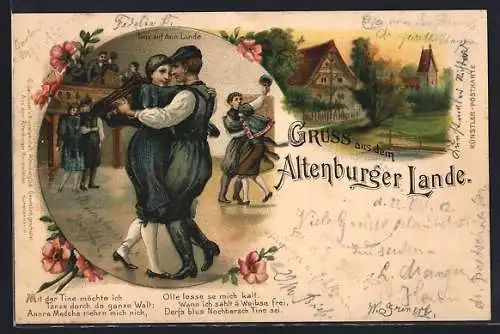 Lithographie Altenburg / Thür., Altenburger-Land-Paar in thüringischer Tracht beim Tanz