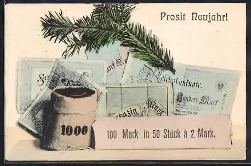 AK Geldbeutel und Geldscheine, Neujahrskarte