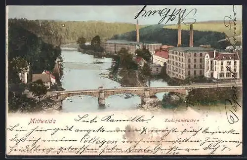 AK Mittweida, Zschopaubrücke mit Flusslauf