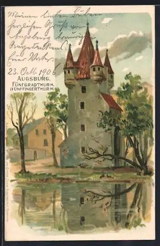 Lithographie Augsburg, Fünfgradthurm (Fünffingerthurm)