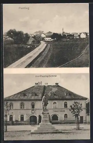 AK Plattling, Panorama und Graf-Preysing-Denkmal