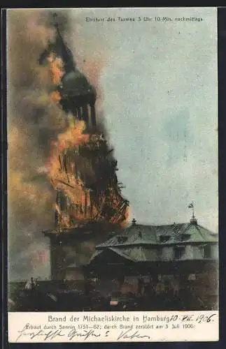 AK Hamburg-Neustadt, Brand der Michaeliskirche 1906, Einsturz des Turmes