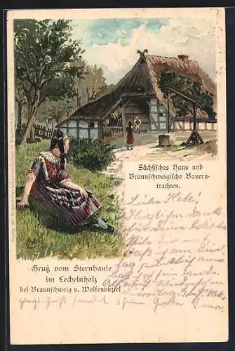 Lithographie Lechelnholz, Sächsisches Haus und Braunschweigische Bauerntracht