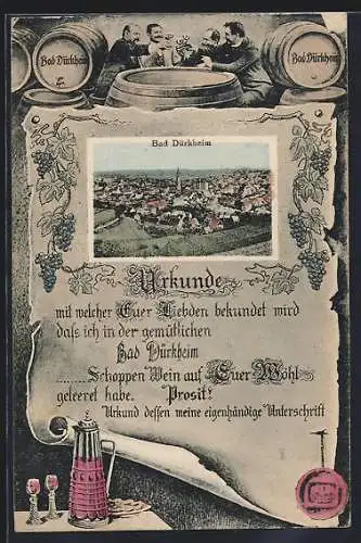 AK Bad Dürkheim, Totalansicht, Passepartout mit Urkunde vom Gasthaus