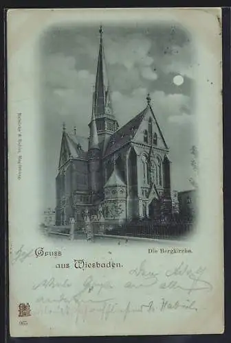 Mondschein-AK Wiesbaden, Partie an der Bergkirche