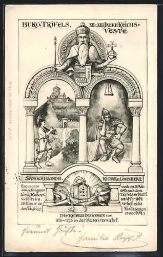 AK Trifels, König Barbarossa mit Zepter und Reichsapfel, Hafenspieler mit Burg und Ritter Richard Löwenherz