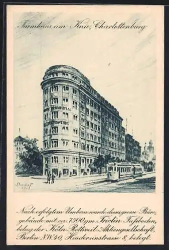 AK Berlin-Charlottenburg, Strassenbahn mit Turmhaus am Knie