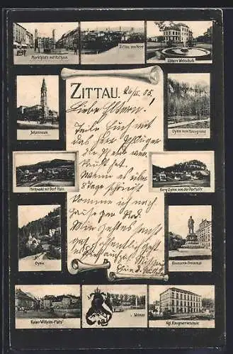 AK Zittau, Marktplatz mit Rathaus, Höhere Webschule, Kaiser Wilhelm-Platz und Baugewerkeschule