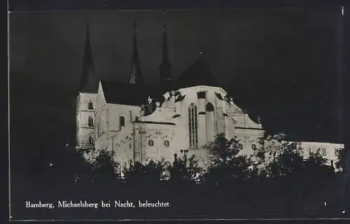 AK Bamberg, Michaelsberg bei Nacht beleuchtet