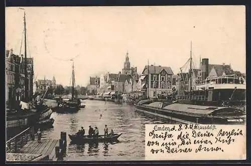AK Emden, Rathausdelft, Dampfer, Lastkahn