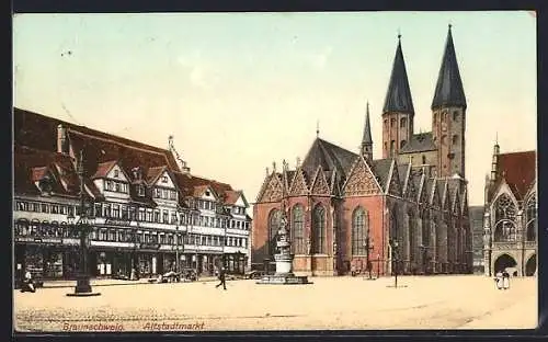 AK Braunschweig, Altstadtmarkt mit Denkmal und Kirche