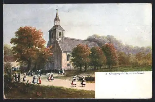 AK Burg /Spreewald, Kirche während dem Kirchgang