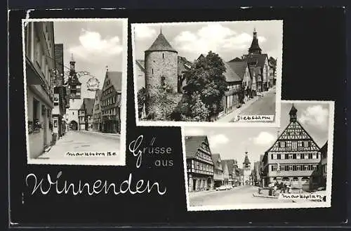 AK Winnenden, Partien von Marktstrasse, Marktplatz und Diebsturm