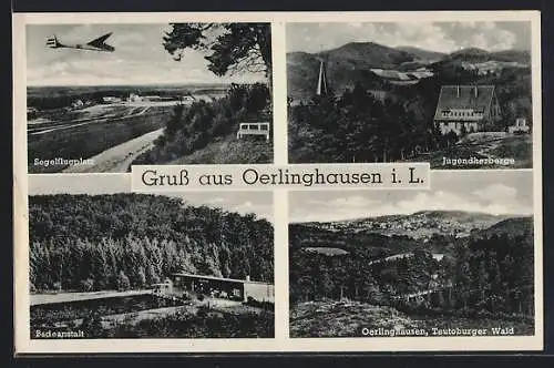 AK Oerlinghausen i. L., Segelflugplatz mit Segelflugzeug, Jugendherberge, Badeanstalt und Teutoburger Wald