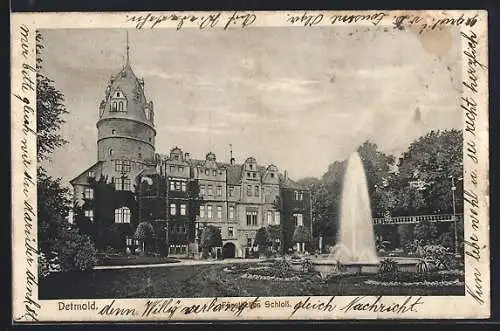 AK Detmold, Fürstliches Schloss mit Gartenanlage und Springbrunnen