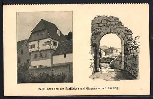 AK Schwäb. Hall, Hohes Haus an der Haalsteige und Eingangstor auf Limpurg
