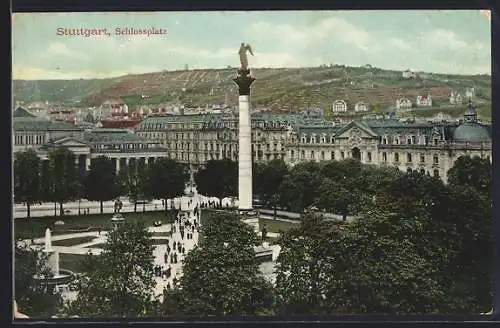 AK Stuttgart, Schlossplatz mit Besuchern und Panorama