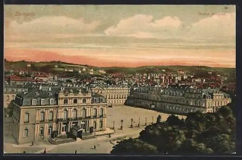 AK Stuttgart, Neues Schloss aus der Vogelschau im rötlichen Sonnenaufgang