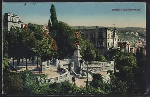 AK Stuttgart, Eugensbrunnen mit Parkanlage und Besucher