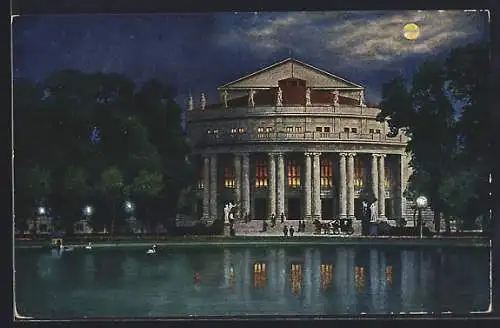 AK Stuttgart, Landestheater bei Nacht mit Schwänen und Besuchern