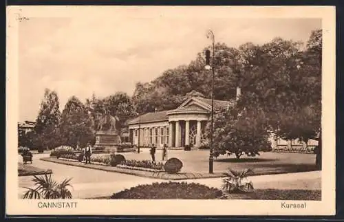 AK Cannstatt, Kursaal und Parkanlage mit Denkmal und Besuchern