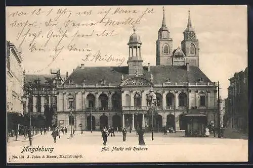 AK Magdeburg, Alter Markt und Rathaus mit Passanten