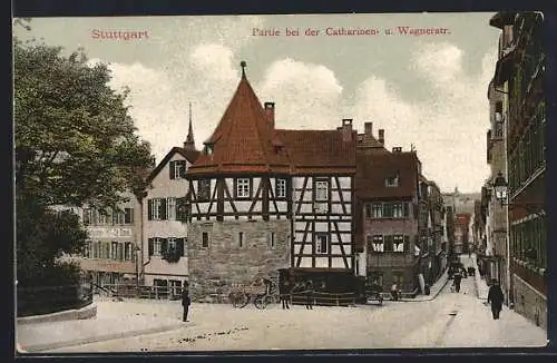 AK Stuttgart, Catharinen- und Wagnerstrasse mit Pferdewagen