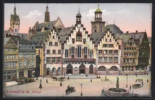 AK Alt-Frankfurt, Römer mit Brunnen, Pferdekutschen und Passanten