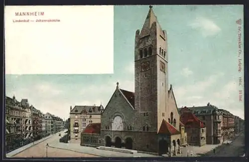 AK Mannheim-Lindenhof, Johanniskirche mit Strassenpartie