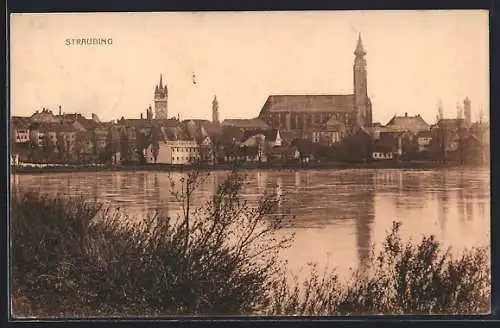 AK Straubing, Ortsansicht über die Donau
