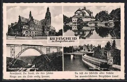 AK Remscheid im Bergischen Land, Rathaus, Stadtparkhalle, Müngstener Brücke und Remscheider Talsperre