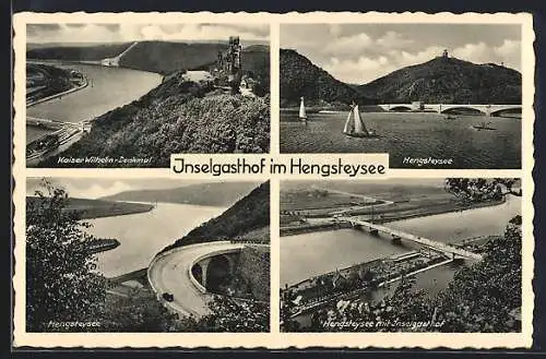 AK Hengsteysee /Hohensyburg, Inselgasthof, Inh. Emil Marcus, Teilansichten