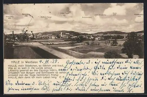 AK Halle in Westfalen, Gesamtansicht mit Bergpanorama und Bergbezeichnungen