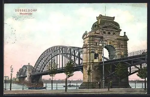 AK Düsseldorf, Rheinbrücke mit Flusspartie und Dampfern
