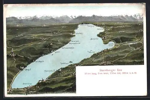 AK Starnberg, Blick über Starnberger See, Eisenbahnnetz