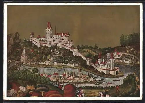 Künstler-AK Passau, Gesamtansicht mit der Burg
