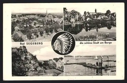 AK Bad Segeberg, Blick vom Wasserturm auf den Lindenhof, Der grosse und kleine See und Kalkberg