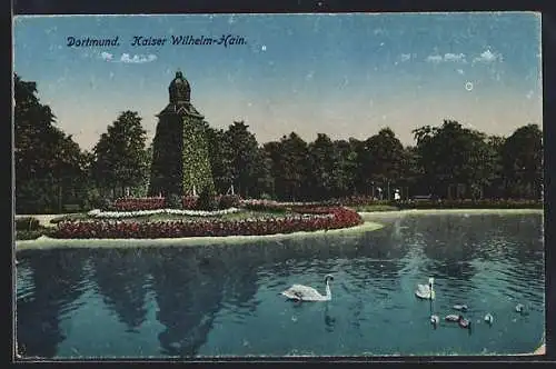 AK Dortmund, Kaiser Wilhelm-Hain mit Schwänen im Teich